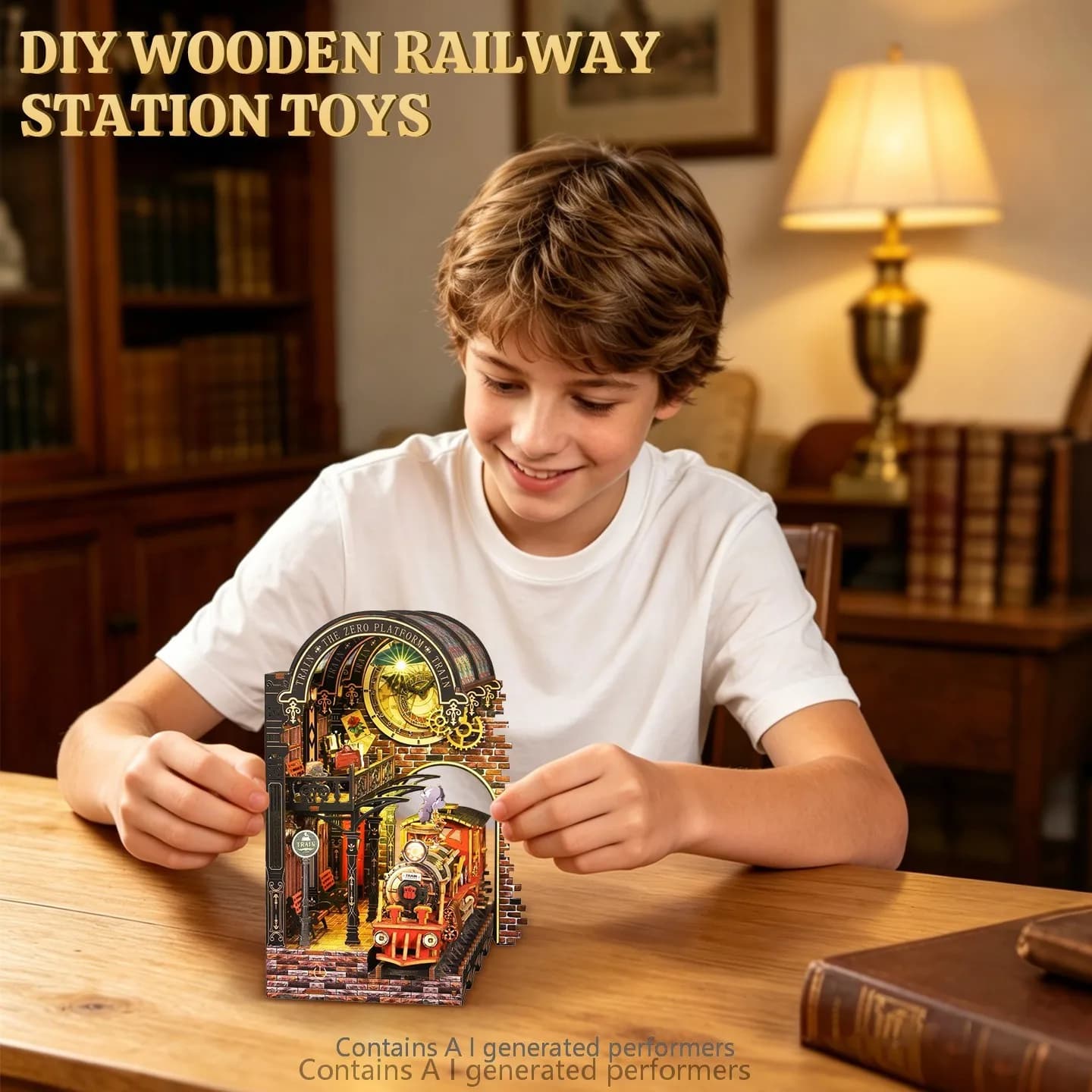 DIY Wooden Bookend Train Zero Point Station Assembly Block Set, 3D Handcraft Model Book - No Glue - Birthday Holiday Gifts