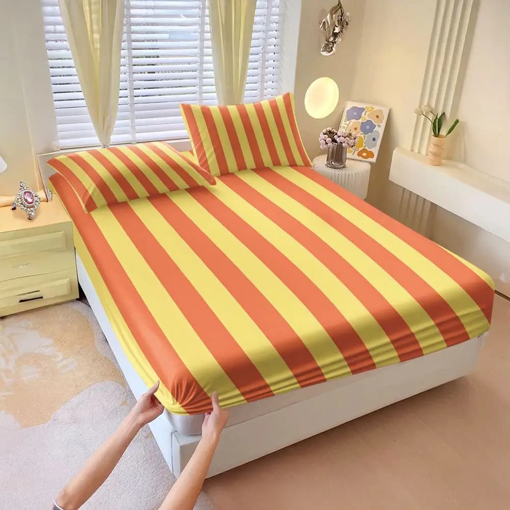 Stripe Print Fitted Sheet Set Bed Sheet Set Bedding Set No Fillers, Flexible Deep Pocket For Minimalist Apartment Bedroom Decor