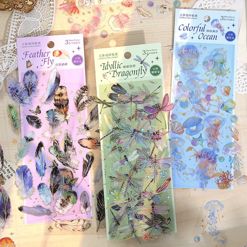 3 sheets per pack of cute stickers with libellula of feathers for decorative storage boxes of stationery for students