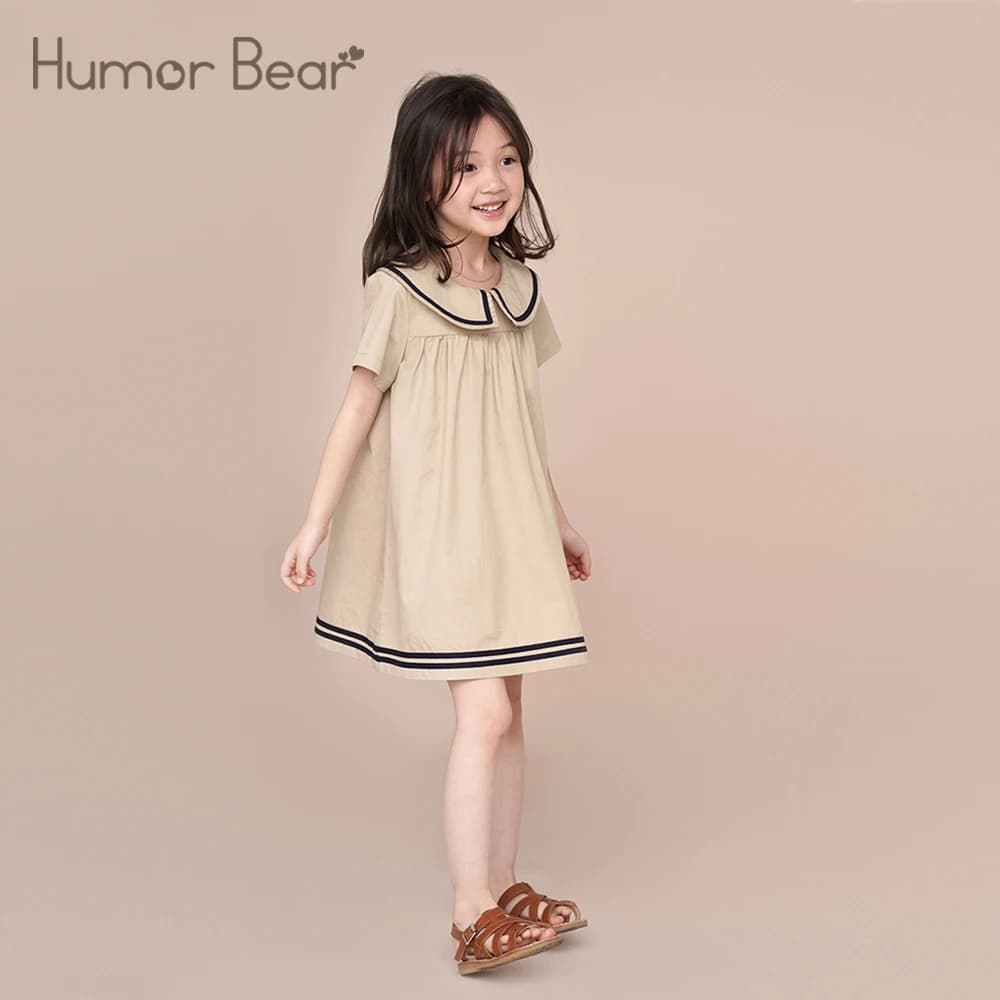 Humor Bear Abito estivo da ragazza Tinta unita Colletto blu scuro Manica corta Moda Casual Abito da principessa Abbigliamento per bambini