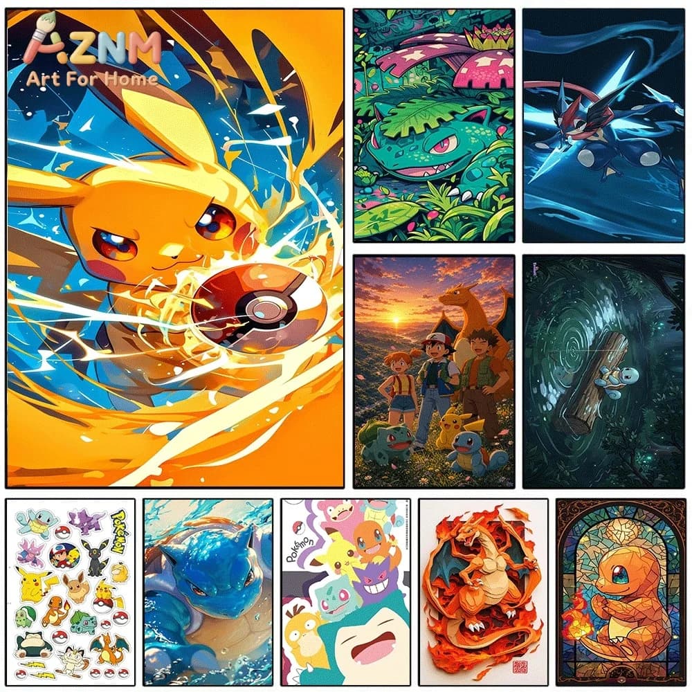 Anime Pokemon Pikachu Lightning Power Canvas Wall Art, Dynamic Electric‑type Pocket Monster Cartoon Frameless Canvas Painting