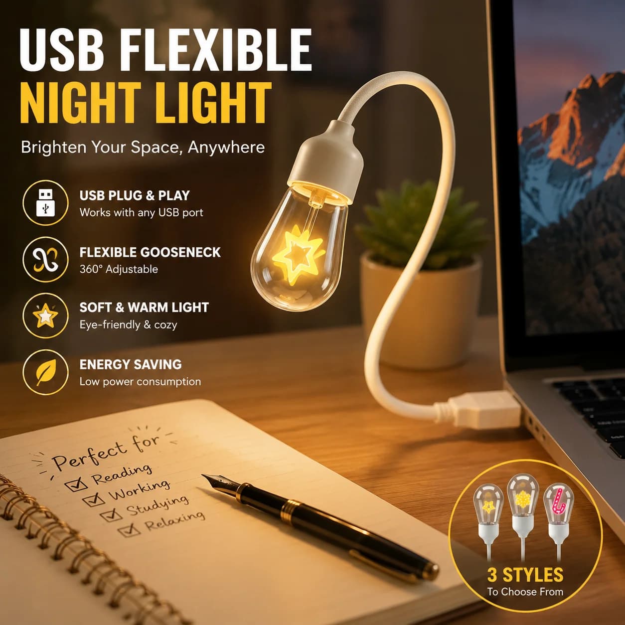 Adjustable Bendable USB Book Lamp Snowflake Candy Shape Pattern Mini Night Light Low Power Energy Saving Desk Lighting