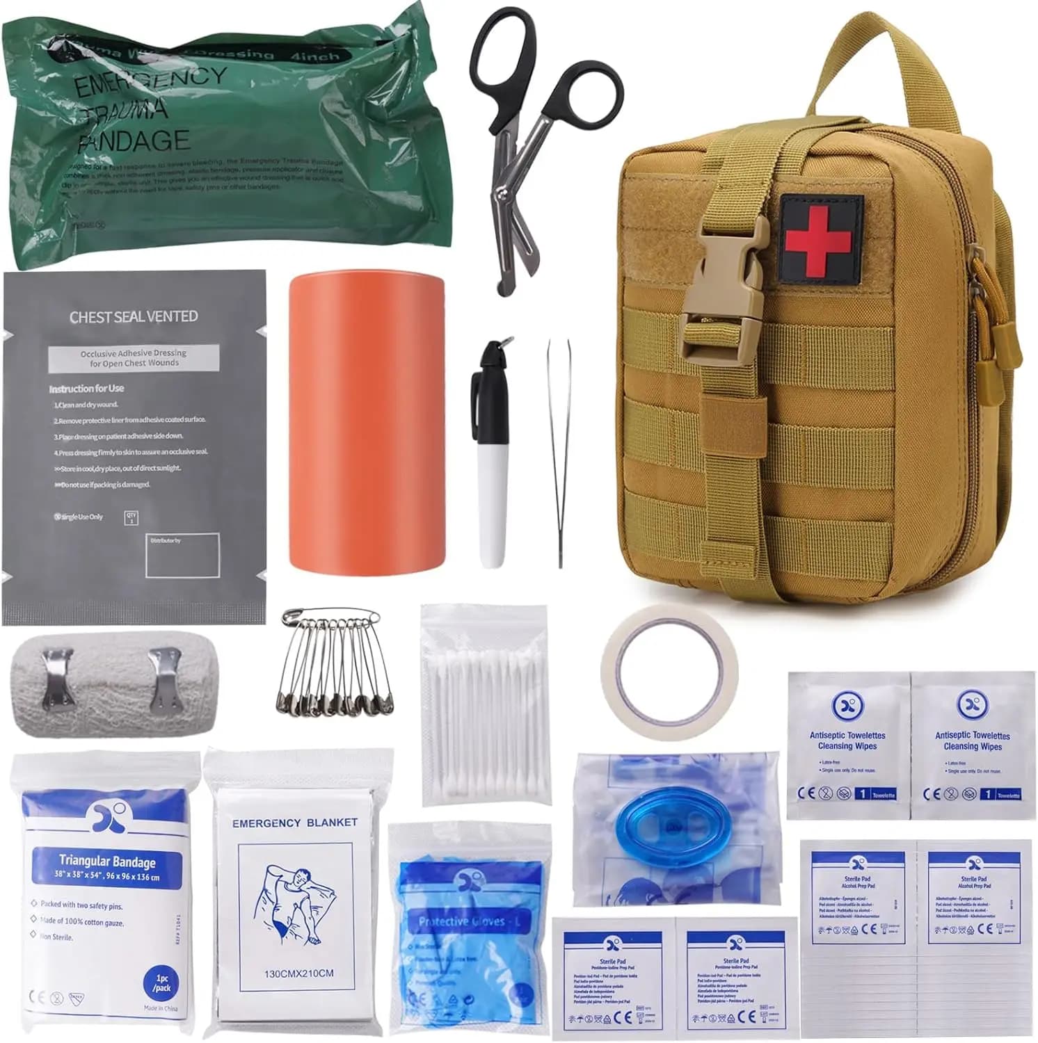 Kit di Pronto Soccorso Tattico con Tasca Molle, Chest Seal, Benda Israeliana per Sopravvivenza d'Emergenza in Auto, Viaggi, Escursionismo, Campeggio