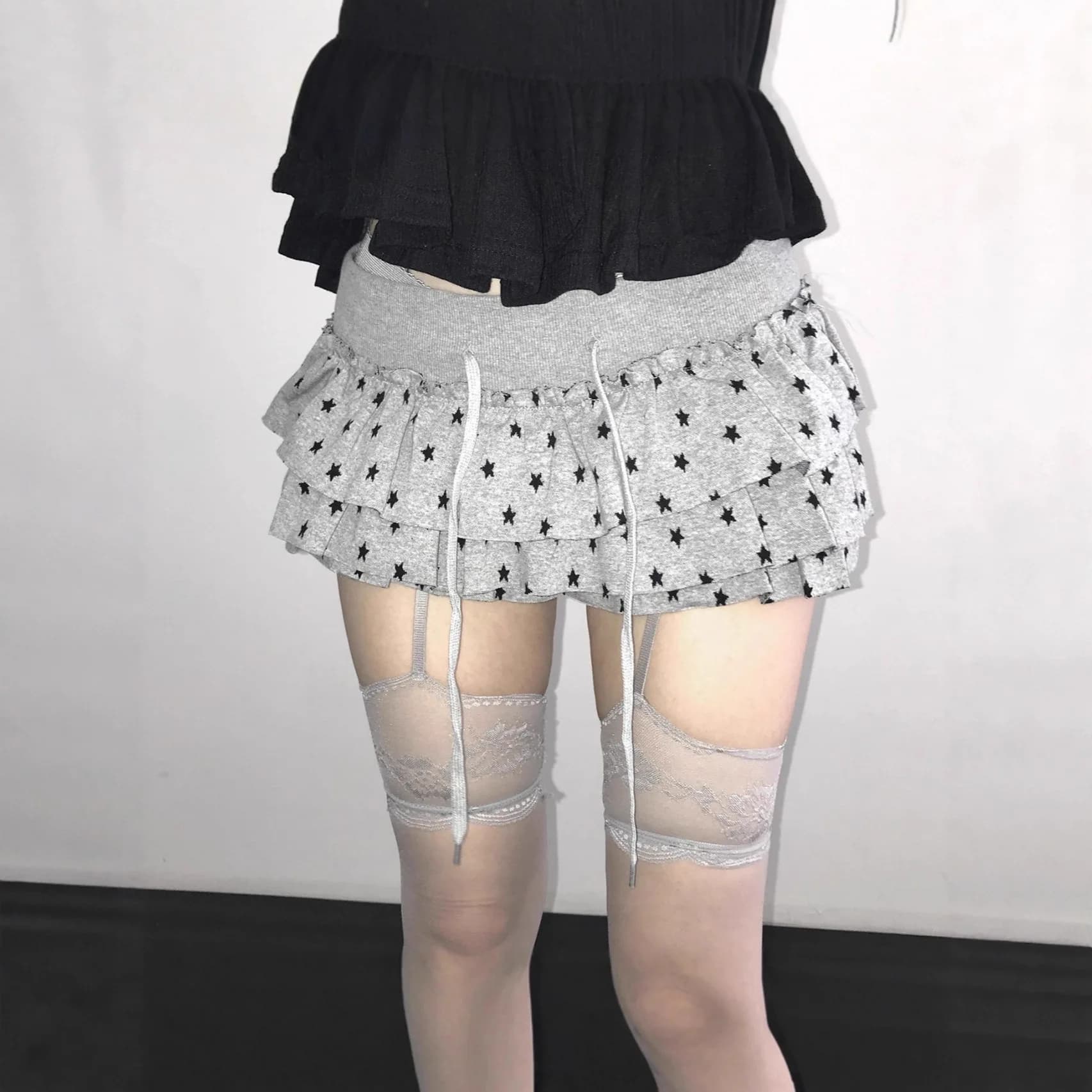 XINGX Printed Multi-Layer Lotus Leaf Skirt Drawstring Elastic Waist Sweet Cool Hot Girl Style Spring Cake Dress Women Y2K style