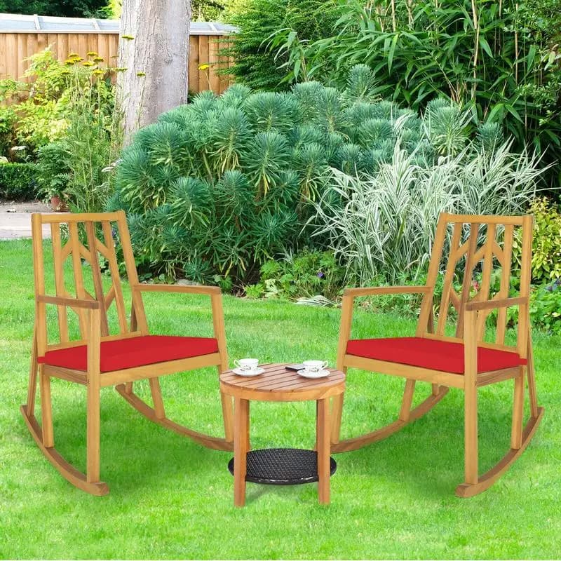 Poltrona a dondolo da giardino in legno di acacia con braccioli e cuscino per patio e terrazza - Rosso
