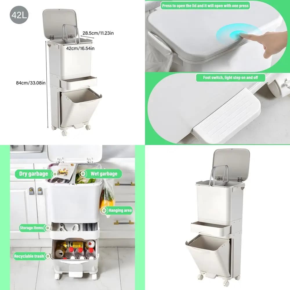 Grande pattumiera verticale a tre strati e contenitore per il riciclaggio con ruote per cucina, camera da letto, soggiorno - bianco