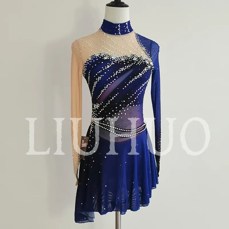 LIUHUO Pattinaggio di Figura sul Ghiaccio Vestito Ragazze Donne Adolescenti Elastico Spandex Blu Concorrenza All'ingrosso BD9293