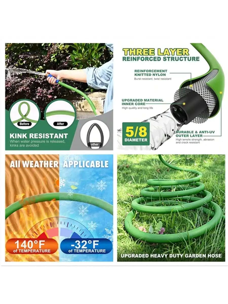 100 Ft 5/8 Inch Heavy Duty Garden Hose - All Weather Flexible Water Hose with Brass Fittings, Green
