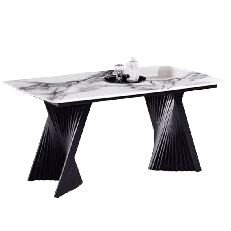 Tavolo da pranzo moderno di lusso, piano in marmo artificiale effetto pietra naturale, gambe in acciaio, design minimalista, arredamento per casa e ufficio.