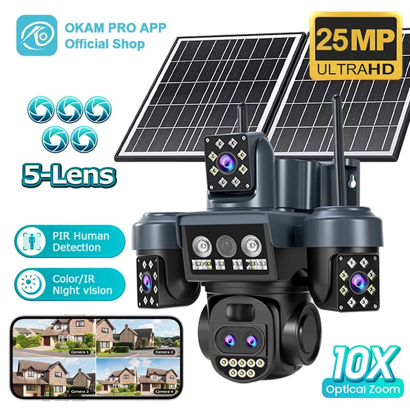 Telecamera Solare OKAM PRO 10X Zoom AOV con Doppio Pannello Solare, Batteria da 16000mAh, HD 25MP, 4G, per Esterni, Impermeabile, Visione Notturna, IP CCTV