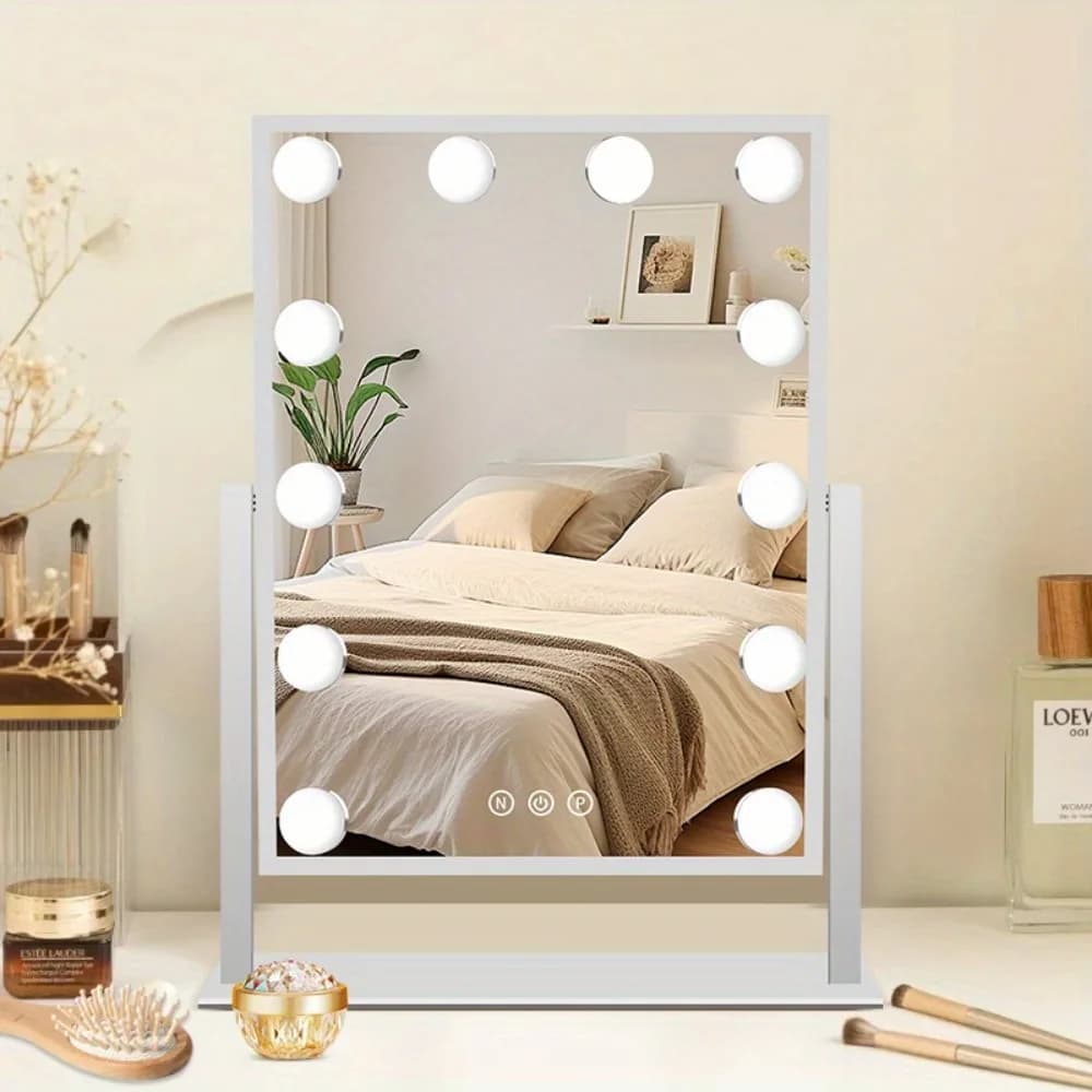Specchio cosmetico con luci Specchio per trucco Hollywood con 12 lampadine a LED Illuminazione a 3 colori 360 ° Rotazione per spogliatoio e camera da letto