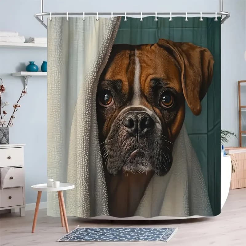 Realistic Boxer Dog Shower Curtain 72x72 Polyester Washable – 3D-Effect Peeking Face with Towel Texture, 12 Hooks