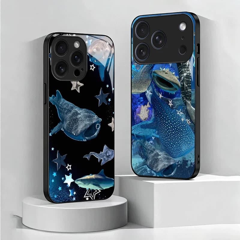 Ocean Whale Shark Tempered Glass Phone Case for iPhone 13 14 15 16 17 Pro Max 17E 16E 12 11 XS 7 Plus Air Shockproof Cover