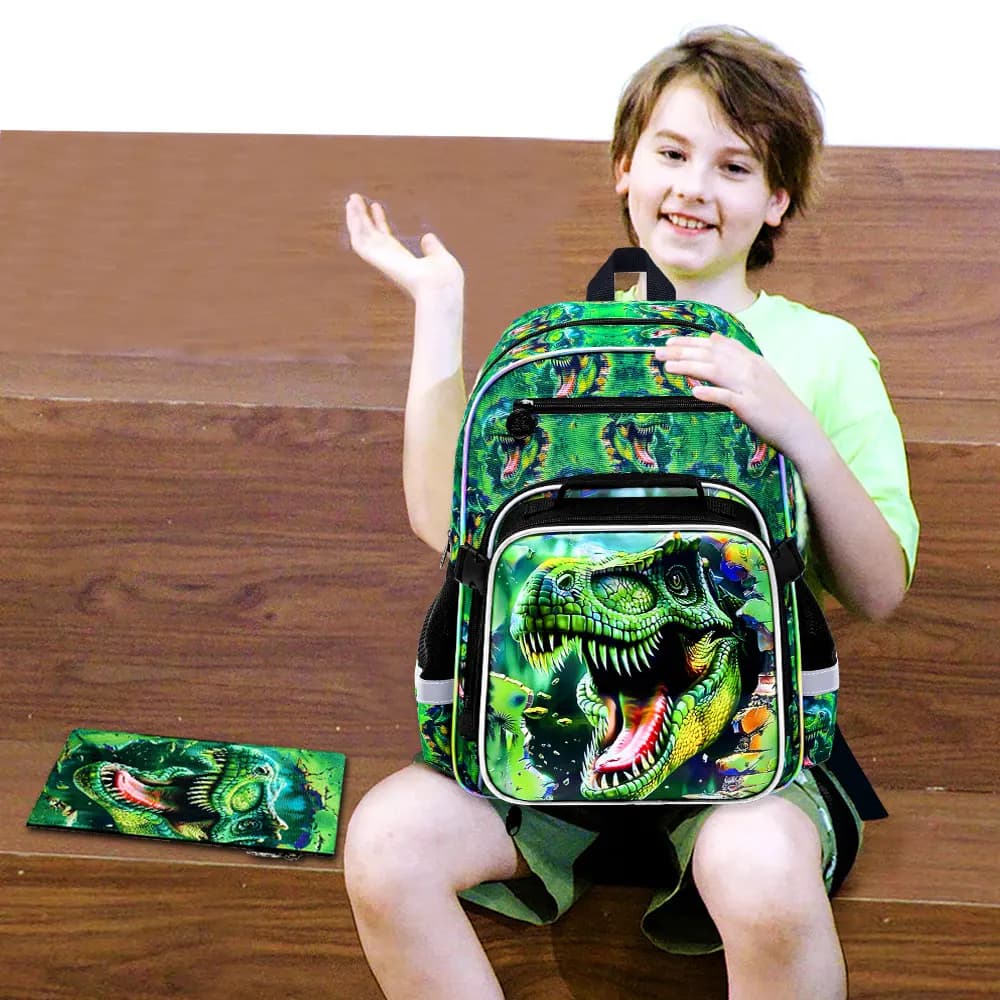 Zaino con dinosauri da 3 pezzi per ragazzi, zaino per bambini da 16 pollici per scuola elementare, scuola materna, zaini scolastici con portapranzo (verde)