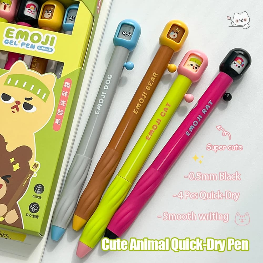 4 penne gel divertenti e originali da 0,5 mm, con animali carini, a rapida asciugatura, creative con faccine cambia-faccia, per studio e ufficio, colore nero.