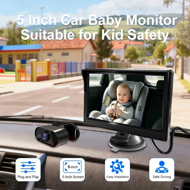 Monitor per Auto con Telecamera HD da 5 Pollici per Bambini, Orientabile verso il Sedile Posteriore, Visione Notturna per il Monitoraggio della Sicurezza dei Neonati in Auto
