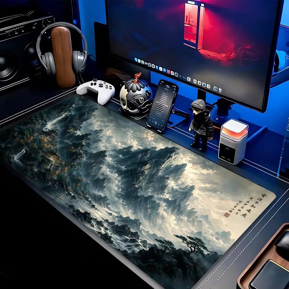 Chinese Ink Landscape XXL Gaming Mouse Pad Misty Mountain Temple Pine Art Desk Mat Non-Slip Rubber Computer Keyboard Table Mats