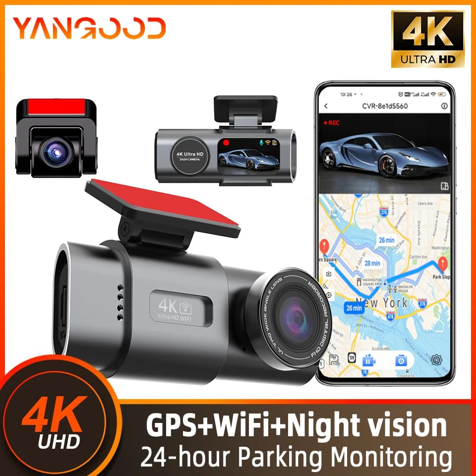 Yangood Dash Cam 4K a Doppio Canale e Doppia Lente, Visione Notturna WIFI GPS Monitoraggio Parcheggio 24H Registratore Video per Auto