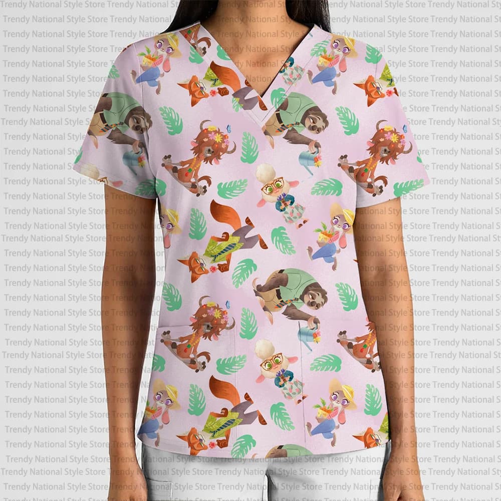 Delle nuove Donne di Estate Con Scollo A V Tasca a maniche corte Opaco Top Uniforme Da Lavoro Zootopia Stampa Clinica Dentale Negozio di Animali T-Shirt