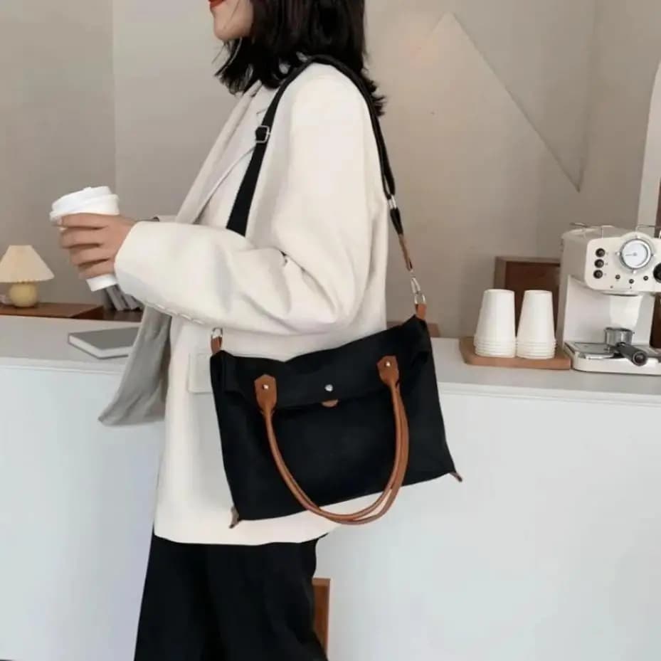 1 Pcs New Premium Quality Cotton Canvas Tote Bag Leather Strap With Bottle Compartment Handbag For Women