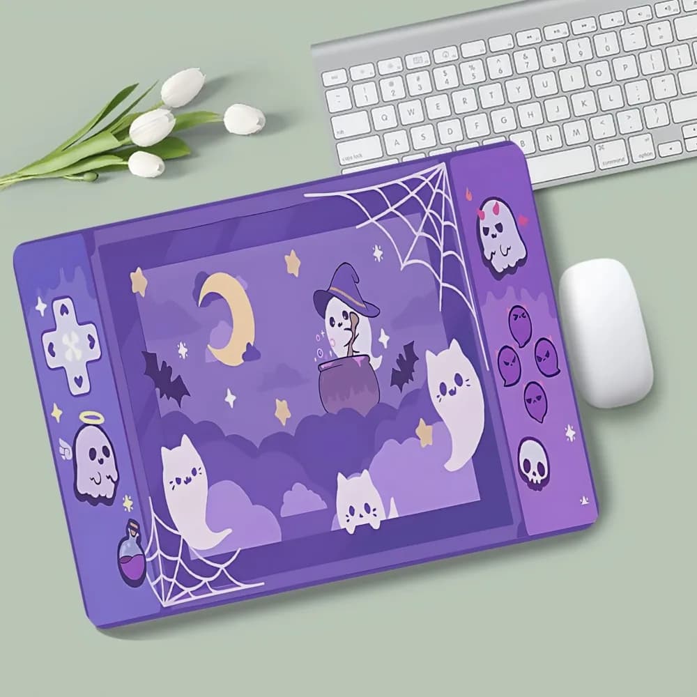 Tappetino per mouse da gioco piccolo, in gomma antiscivolo, con motivo fantasma gatto magico, superficie liscia per PC