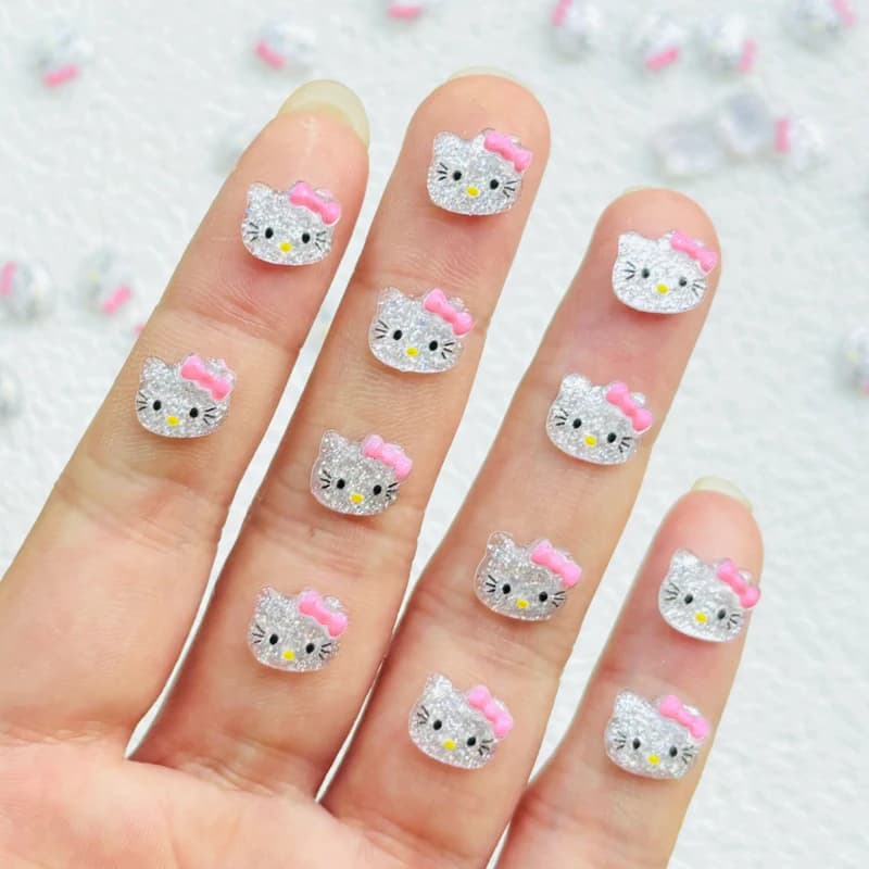 60 Pezzi Nuovi Ornamenti in Resina a Forma di Testa di Gatto, Mini Cartoni Animati Argento Lucido, Accessori per Gioielli, Manicure e Acconciature A48