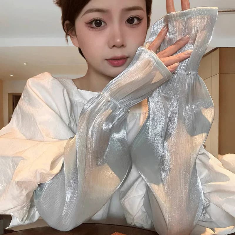 Influencer-style Pearl Mesh Sun-protective Arm Sleeves for Women Cool Summer Driving Gloves with UV Protection Fashionable