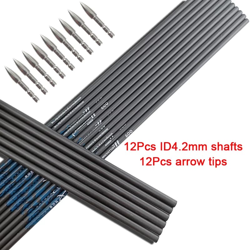 12 pezzi frecce in carbonio puro albero ID4.2mm Spine400-1000 e punte di freccia punte di bersaglio arco ricurvo composto da caccia tiro con l'arco