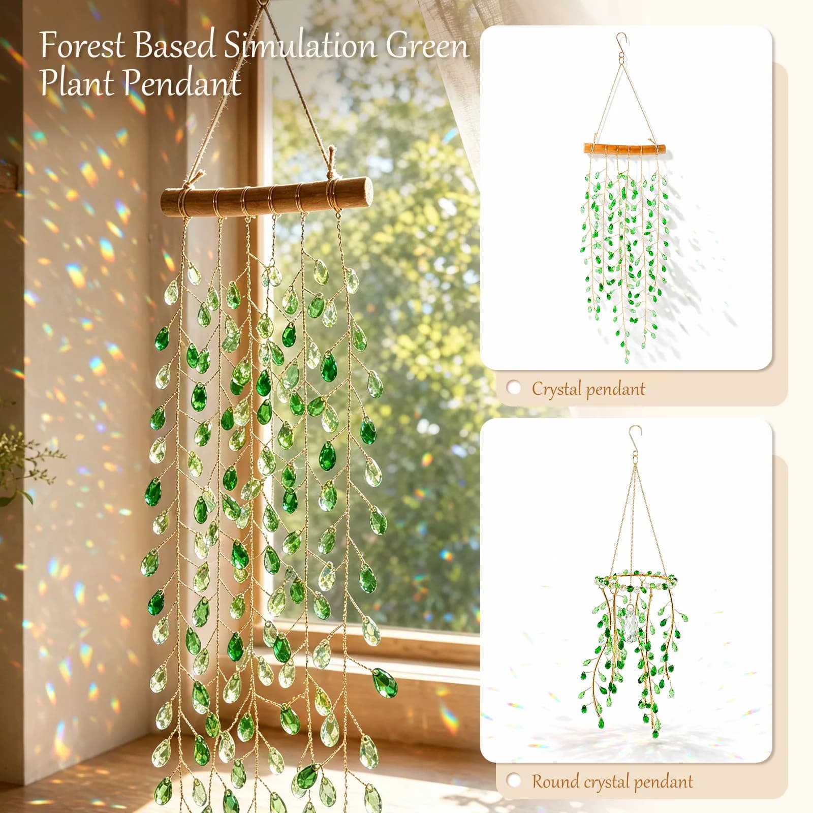 Imitation Crystal Wind Chime Suncatchers Window Hanging Pendant Decorative Artificial Green Plant Prisms Wind Chime Home Decor