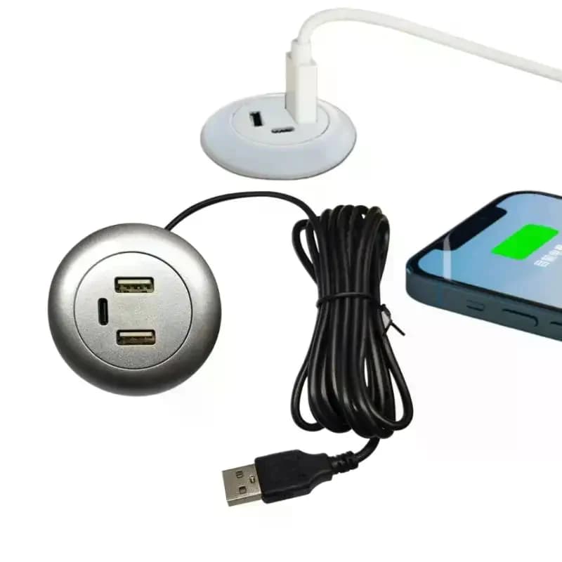 Caricatore USB Type-C 3 in 1 con splitter da incasso per laptop, PC, cellulare, hub USB da incasso per mobili e prese da ufficio.