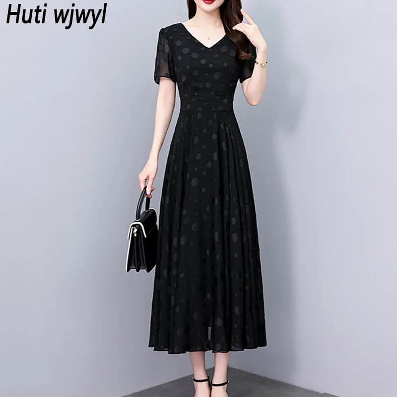 2025 nuova estate vintage abito in chiffon nero donna lusso elegante partito aderente abito lungo casual chic ballo di fine anno abiti midi