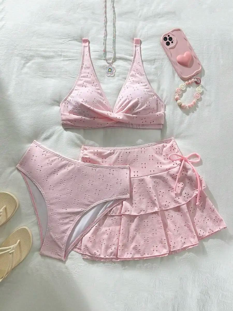 Womens 3-Piece Pink Eyelet Swimsuit Set With Criss-Cross Top And Ruffled Skirt