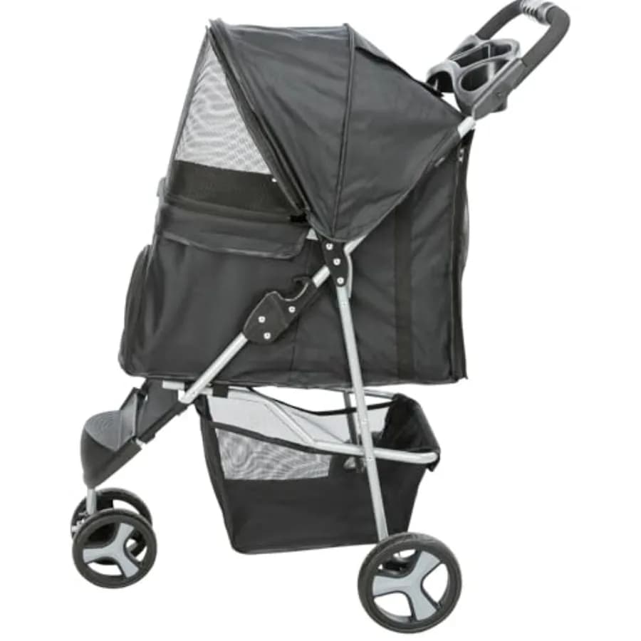 Foldable Pet Stroller for Cats and Dogs, Pet Carrier Strolling Cart with Weather Cover, Storage Basket, Cup Holder, Black