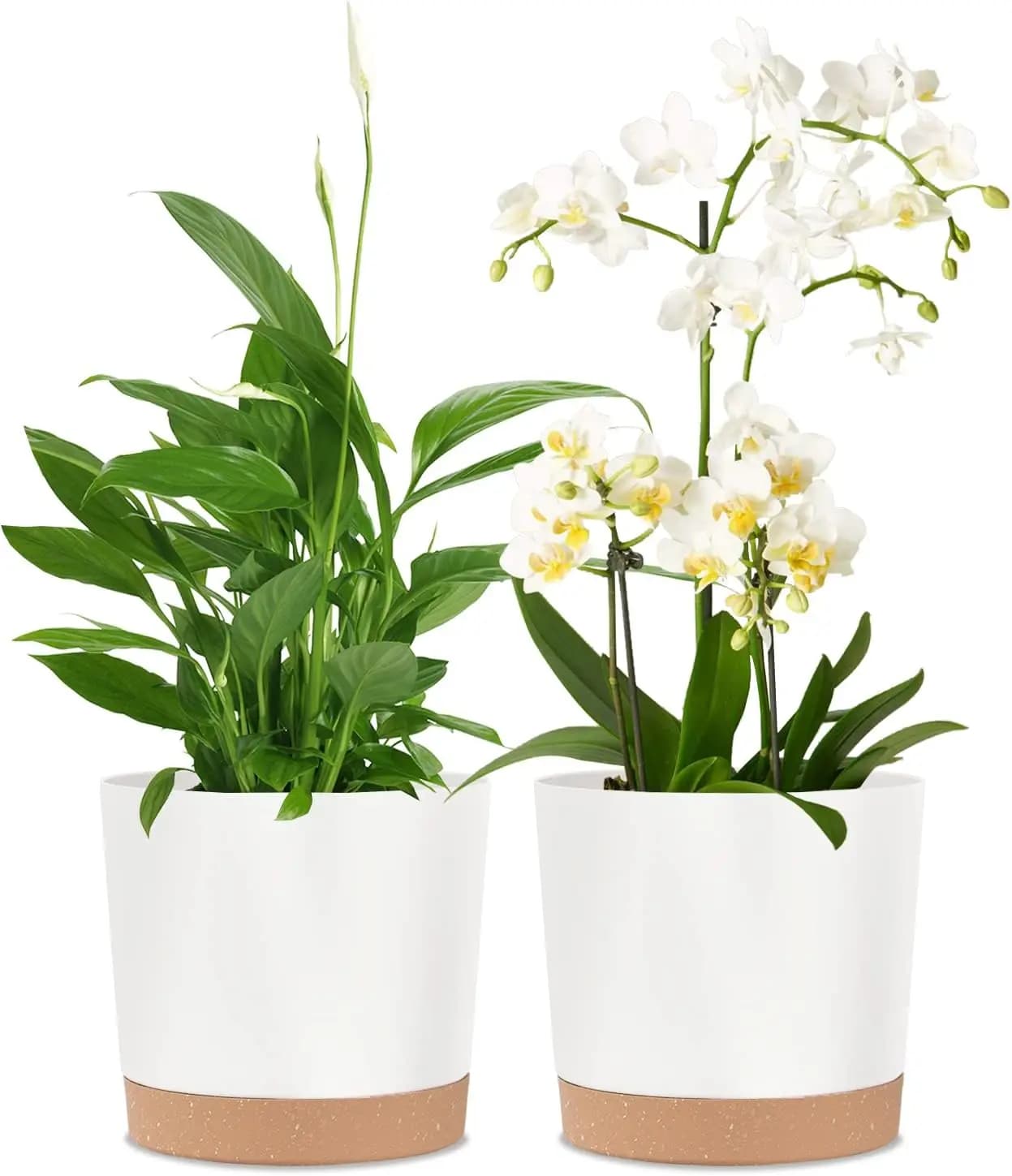 2 Pack 8 Inch Plastic Plant Pots with Drainage Saucer for Indoor Outdoor Plants, White