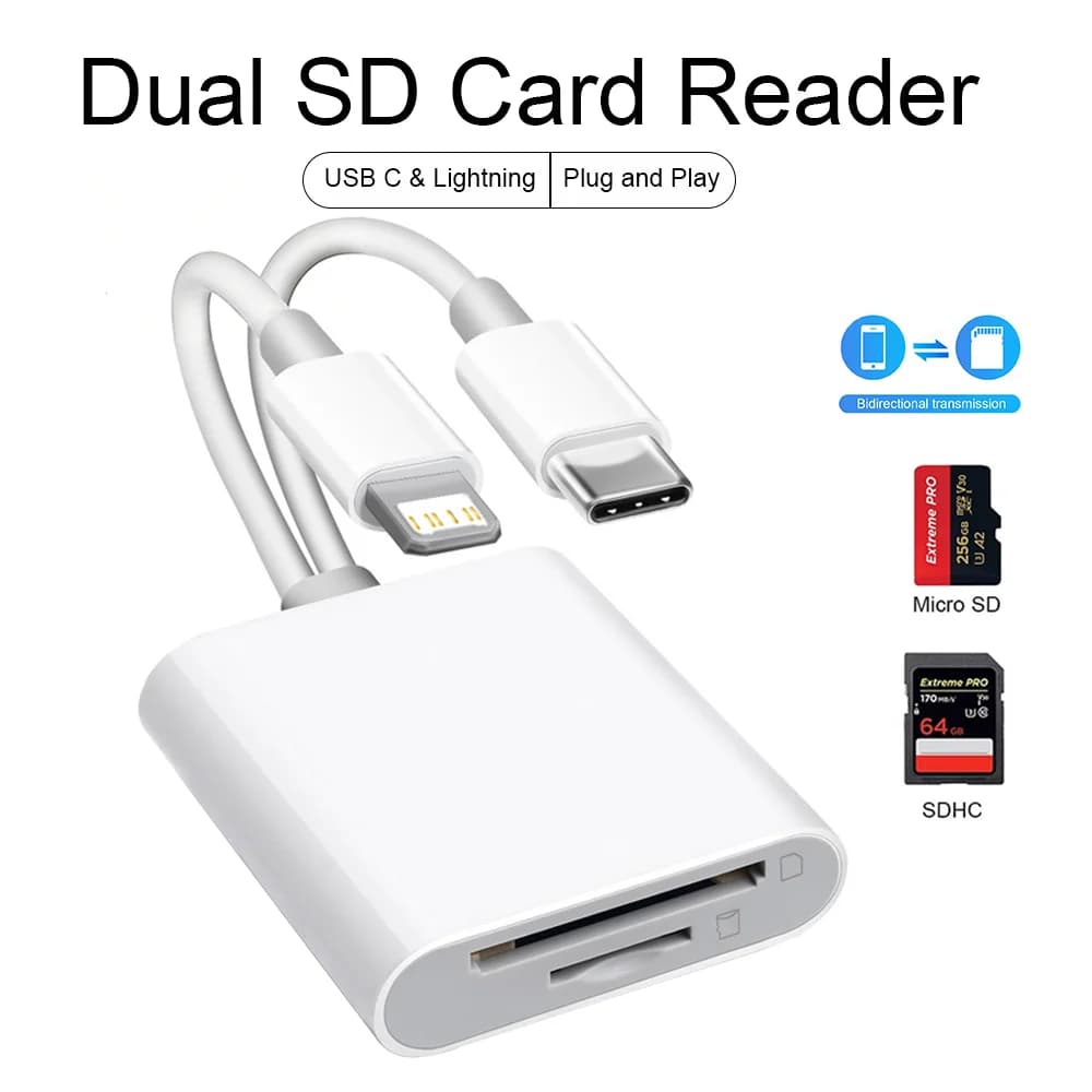 Lettore di Schede SD per iPhone con Interfaccia Doppia USB C/Lightning, Adattatore per Fotocamera Digitale Compatibile con MacBook/Laptop USB-C per Schede SD/TF/SIM