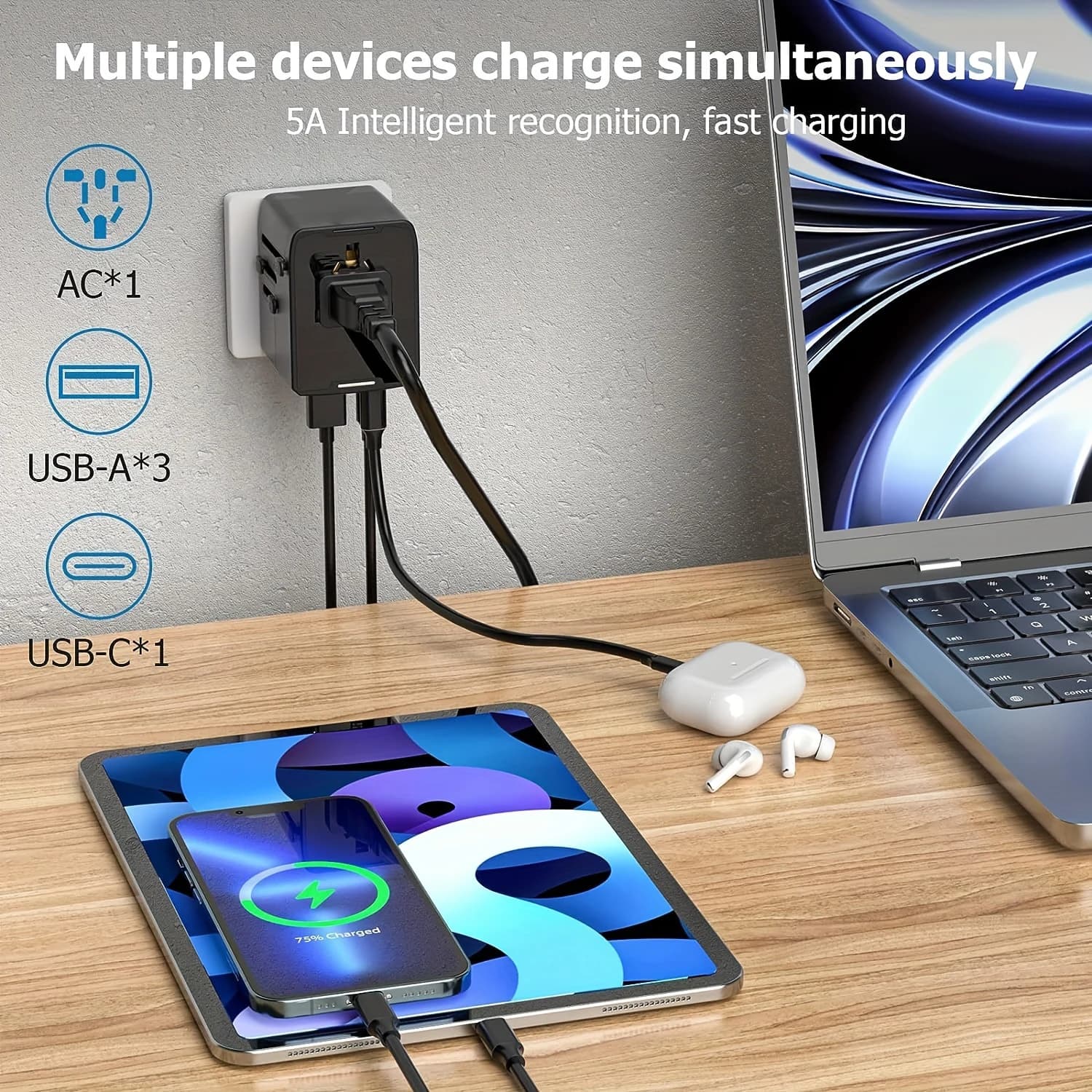 Adattatore da viaggio universale, alta velocità 3.5A 4*USB, Type-C e 3*USB-A per Europa, Regno Unito, UE, Stati Uniti, Canada, Australia