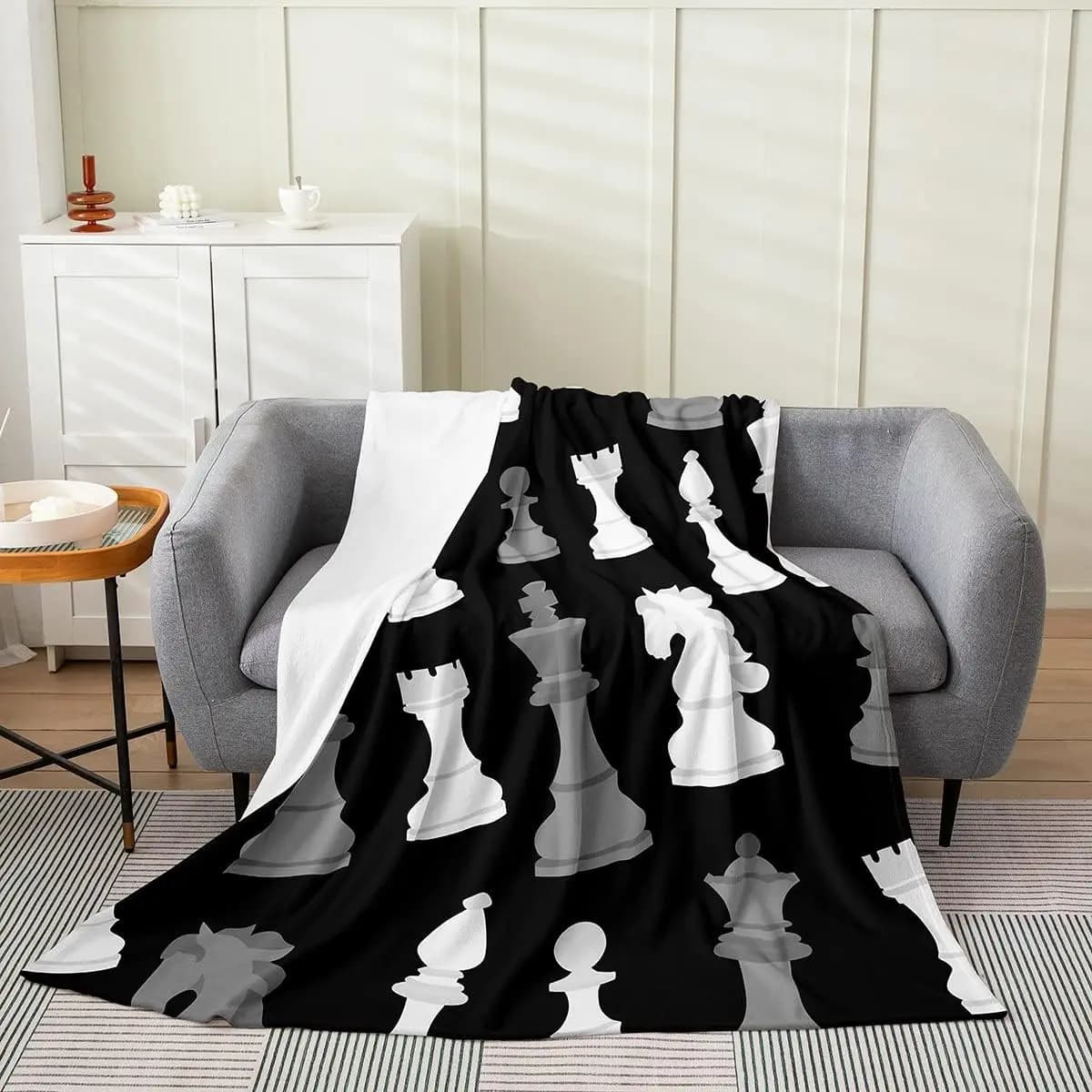 Scacchi internazionale nero bianco grigio per tutte le stagioni, set di coperte da letto, gioco da tavolo per scacchi, coperta in peluche