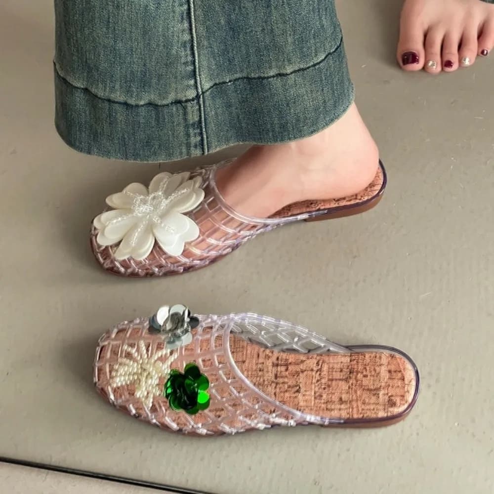 Pantofole in cristallo PVC con punta tonda Sandali in gelatina con rete da pesca morbida antiscivolo Fondo piatto basso Scarpe fai da te trasparenti Scarpe con ciondoli