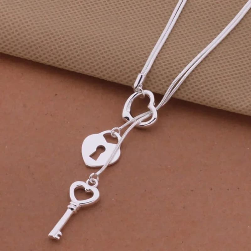 Romantic Charm Y-shaped Pendant Necklace Silver Color Snake Chain Heart Lock and Heart Key Pendant Fashion Jewelry Gift
