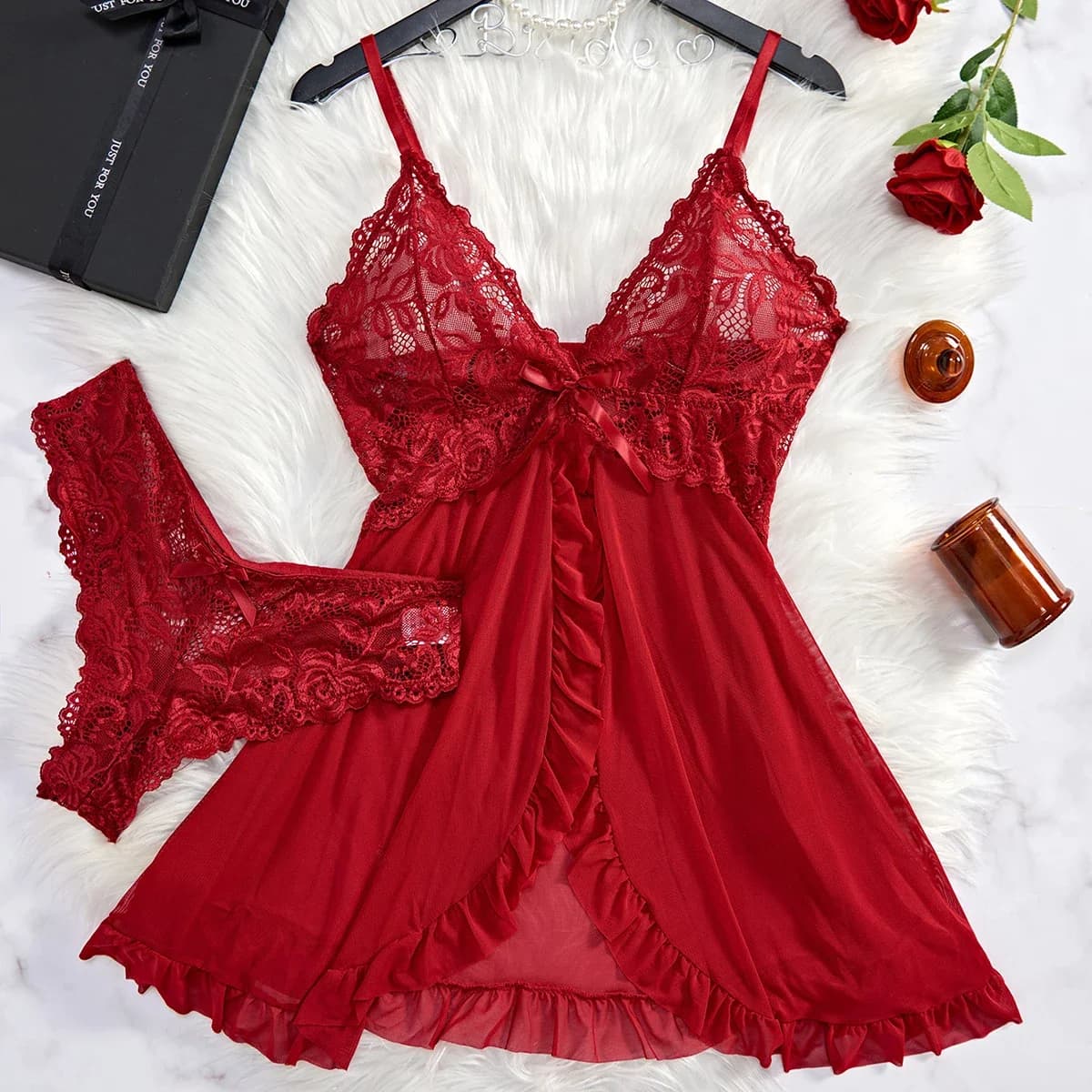 Transparent summer nightdress in lace red transparent Intimo sexy woman Underwear Nightwear and briefs Nightwear Set