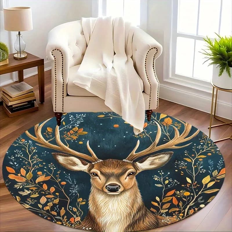 Elegante tappetino rotondo con cervo: poliestere leggero, antiscivolo, lavabile in lavatrice, design foresta autunnale con corna e fogliame