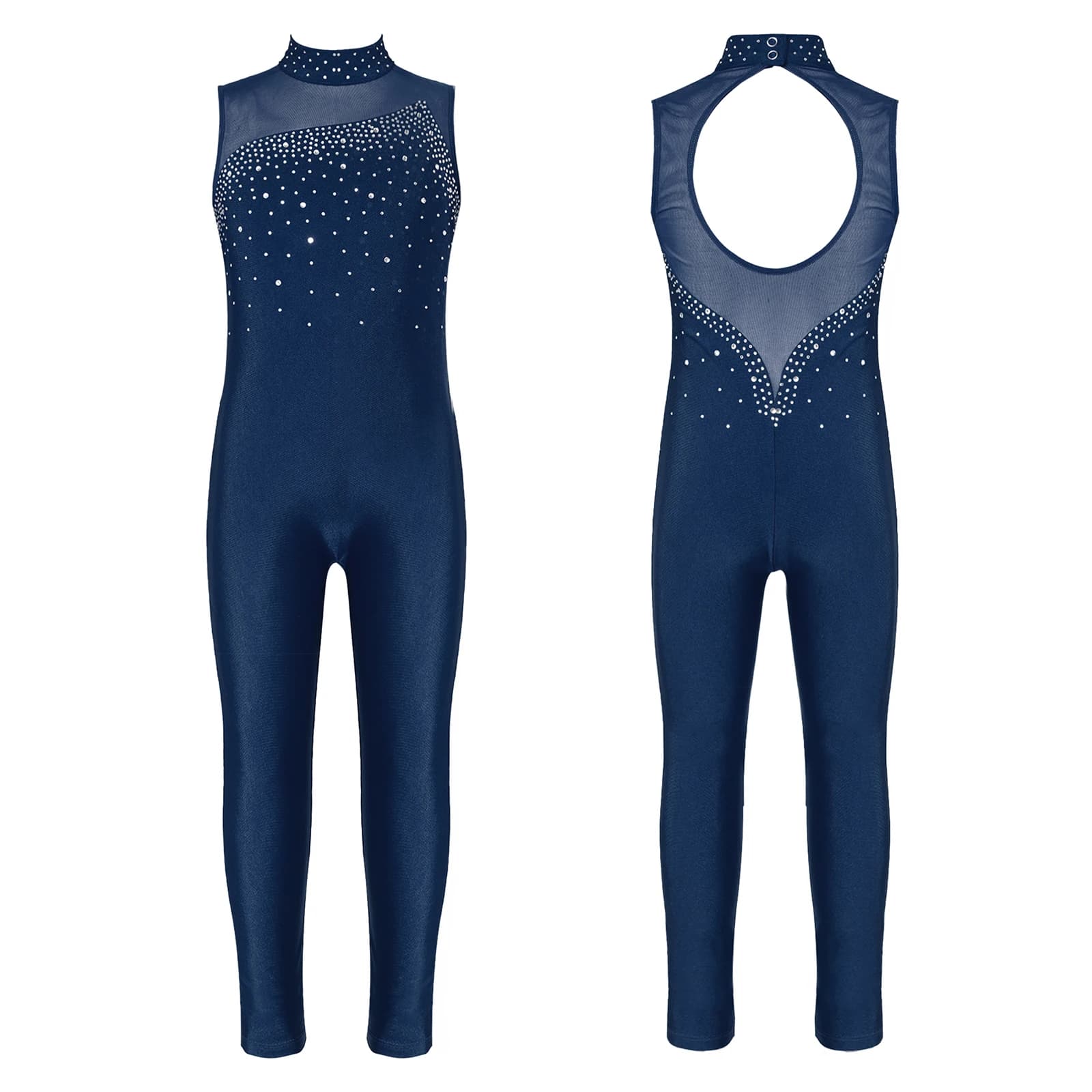 Bambini ragazze ginnastica balletto body figura pattinaggio su ghiaccio danza body Unitard lucido strass senza maniche tuta intera