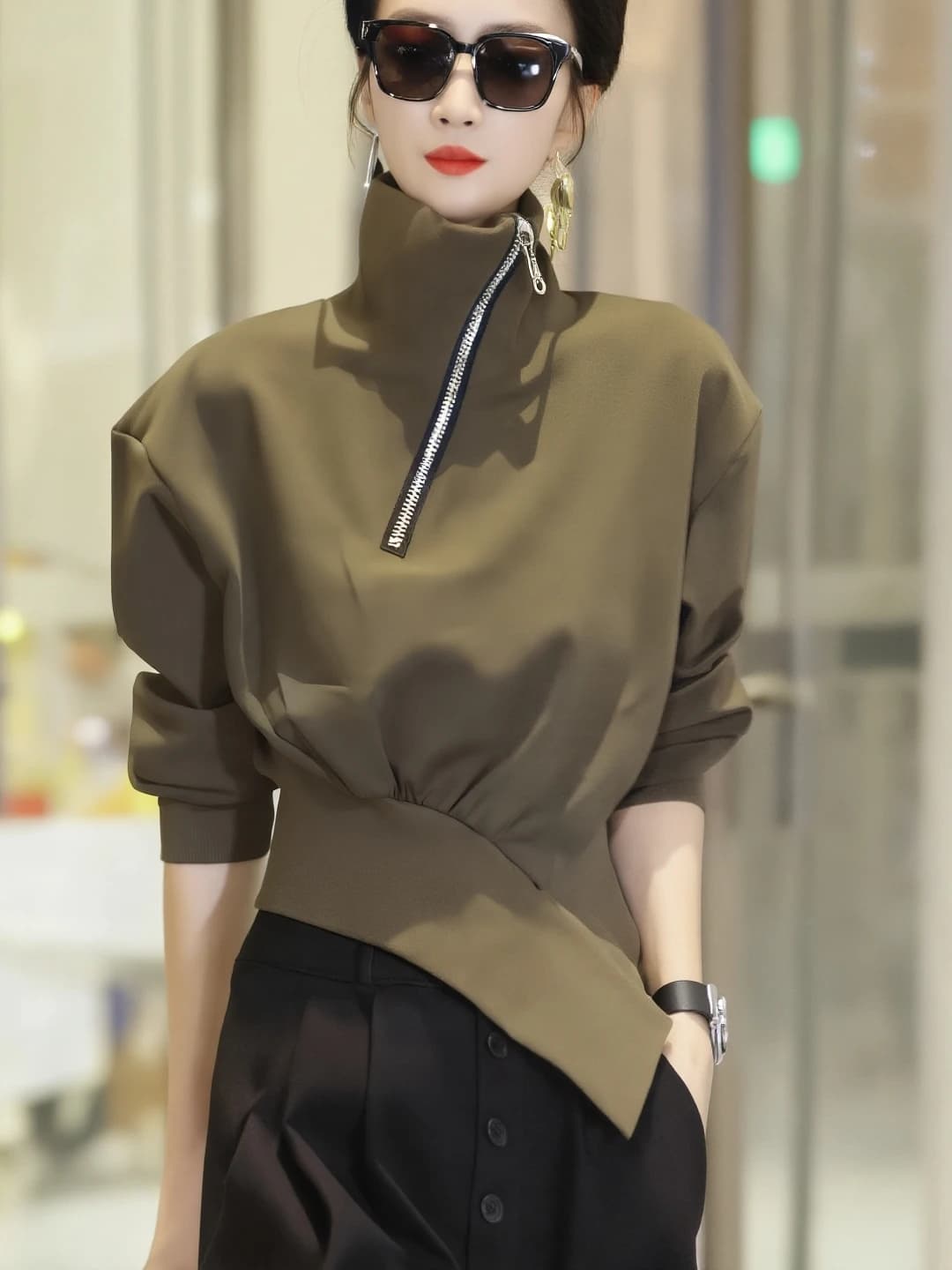 Nuova Felpa Casual Autunno Inverno da Donna con Zip e Collo Alto, Design Snellente in Vita, Stile Miu, Manica Lunga, Streetwear
