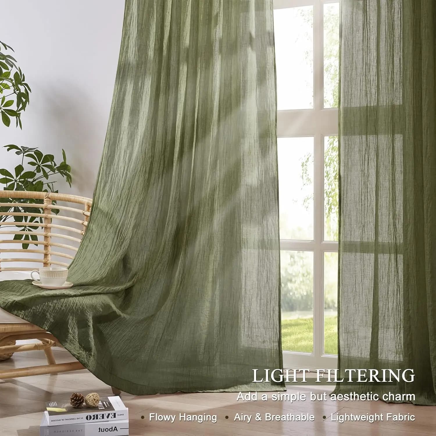 Sage Green Sheer Curtains for Bedroom Living Room Natural Cotton Linen Light Filtering, Rustic Rod Pocket Lightweight Drapes