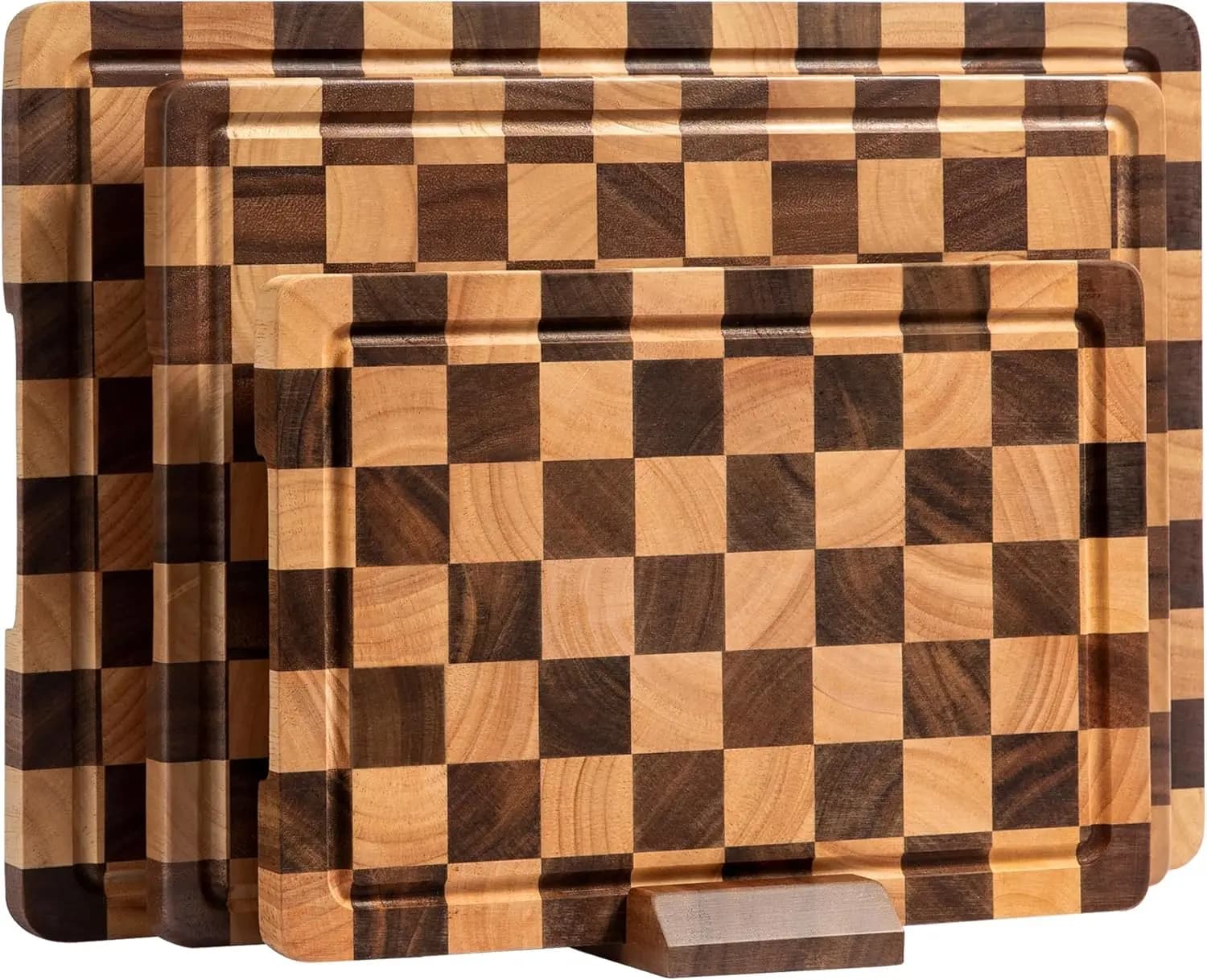 Set of cutting boards, acacia wood boards for kitchen, 3 pieces with grooves for juice and handles.