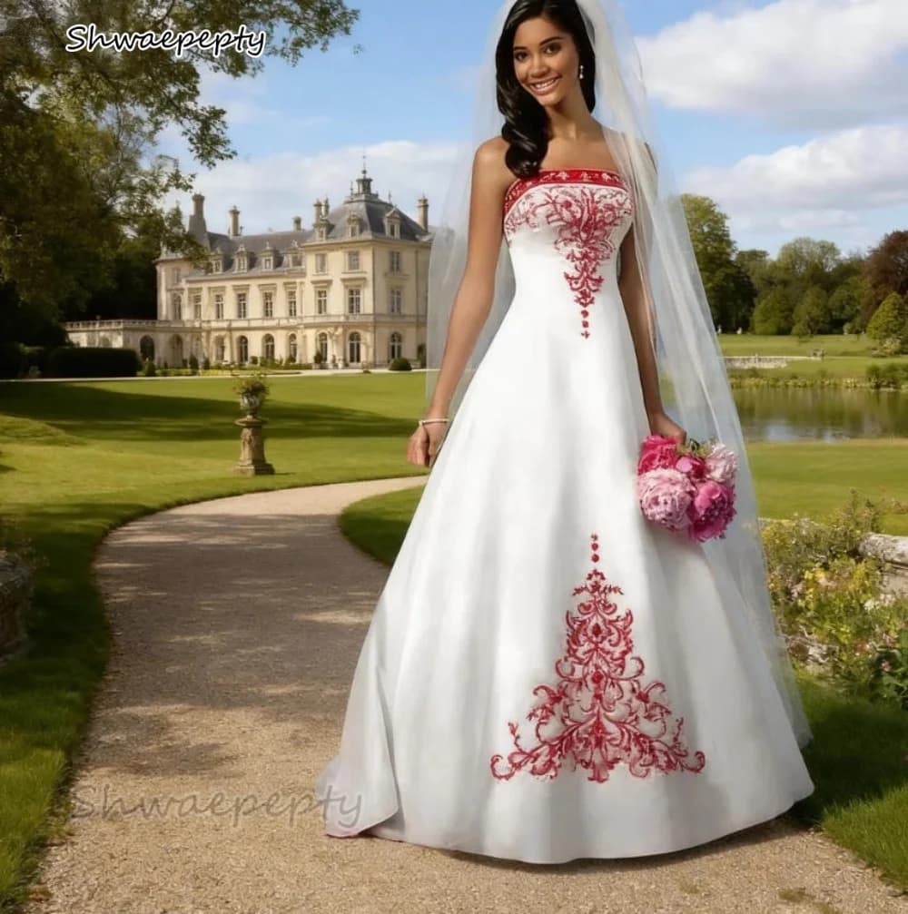 Abito da sposa elegante ricamato bianco e rosso Sweep Train A-Line Abiti da sposa senza spalline in raso Abiti da sposa personalizzati