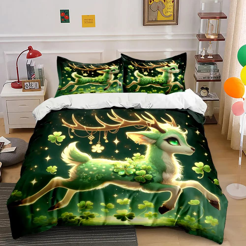 Set copripiumino 3 pezzi con cervo magico verde e trifogli, design con stampa 3D, set biancheria da letto in morbido poliestere, comfort per tutte le stagioni