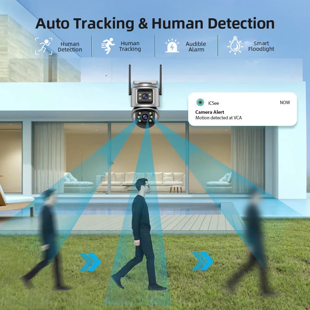 Telecamera PTZ Esterna Alexa su Vif IP con Visione Notturna a Colori, Telecamera di Sicurezza WiFi ICSee 6MP per Casa Intelligente con Doppia Lente