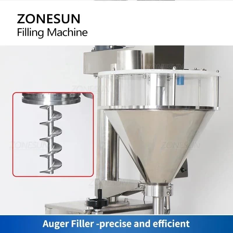 ZONESUN ZS-FM710 Coclea Semiautomatic Filling Machine for Libra Powders, for Farina, Spices, Proteins, Bottles and Jars, Quantitative Dosing