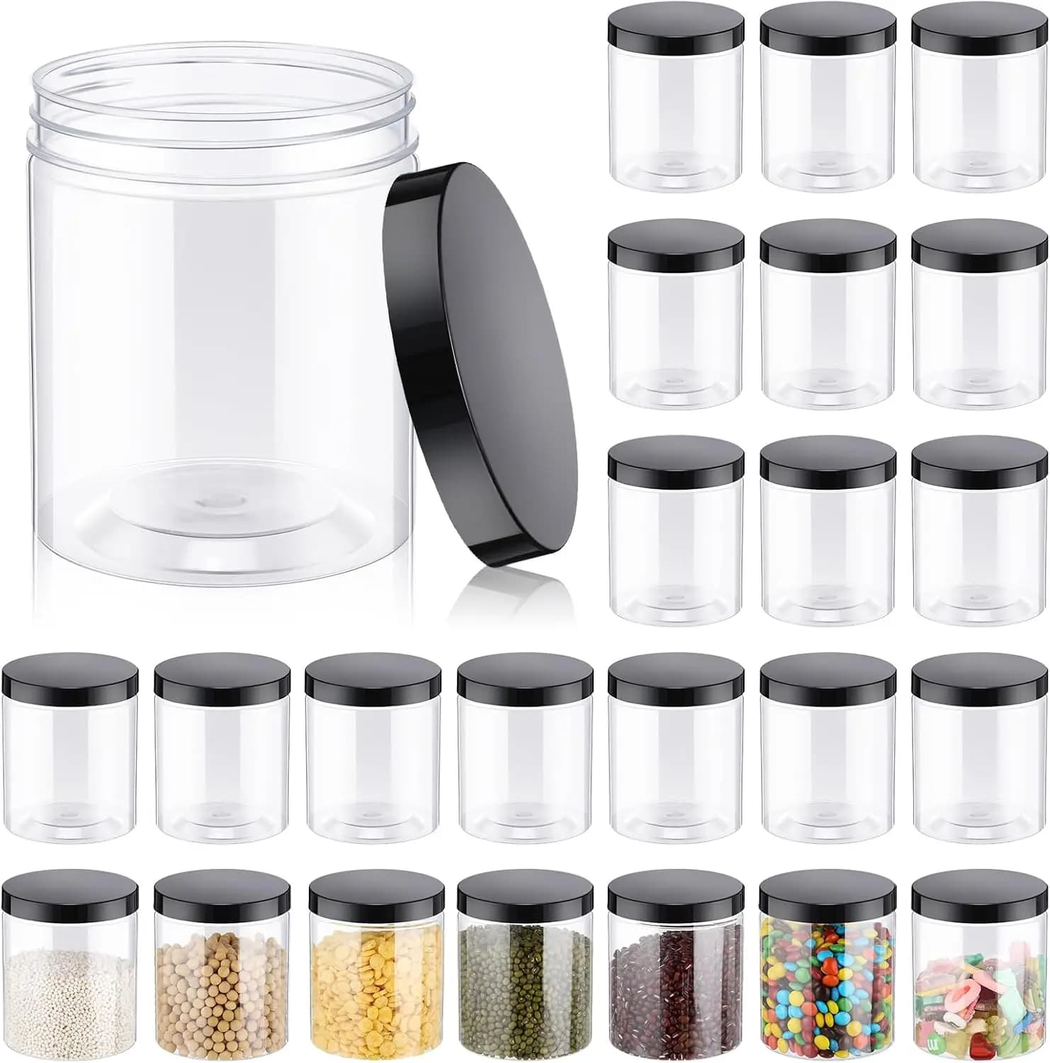 24 Barattoli in Plastica da 16oz con Coperchi, Contenitori Trasparenti a Bocca Larga Ermetici per Alimenti, per Torte, Frutta Secca, Miele, Noci